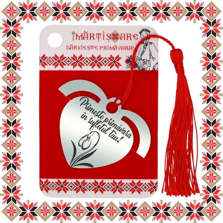 Martisor Semn de Carte Inox Inima Argintie Primeste Primavara in Suflet